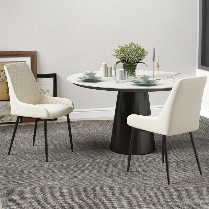 HOMCOM Upholstered Kitchen Chairs, Modern Dining Chairs Set of 2 with Diamond Tufting and Steel Legs for Dining Room, Cream White