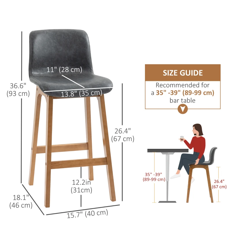 HOMCOM Modern Bar Stools Set of 2, Counter Height Bar Chair with PU Leather Wooden Frame Padding Seats for Dining Room Home Bar, Grey