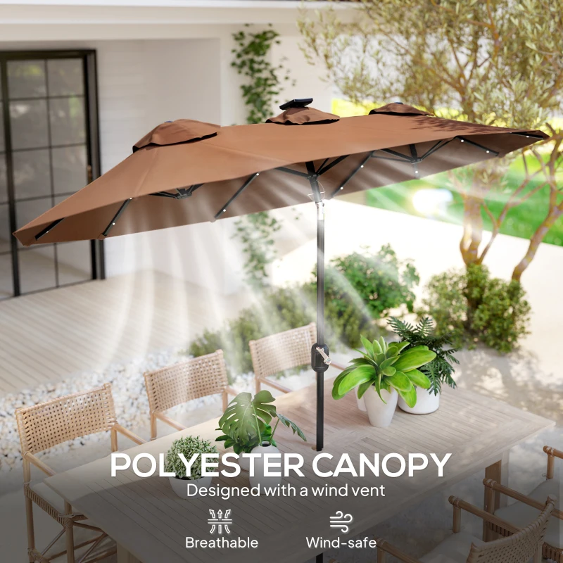 Outsunny Double-sided Patio Umbrella, 9.7 ft. Outdoor Umbrella with 45-Degree Tilt and Crank, LED Solar Light and 12 Ribs, Coffee
