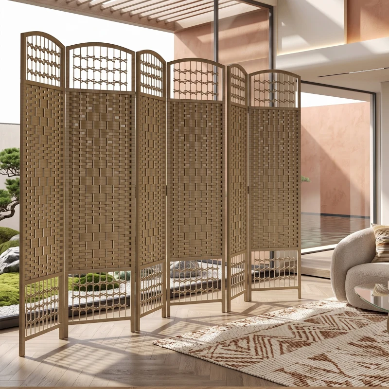 HOMCOM 6 Panel Folding Room Divider Portable Privacy Screen Wave Fiber Room Partition for Home Office Natural