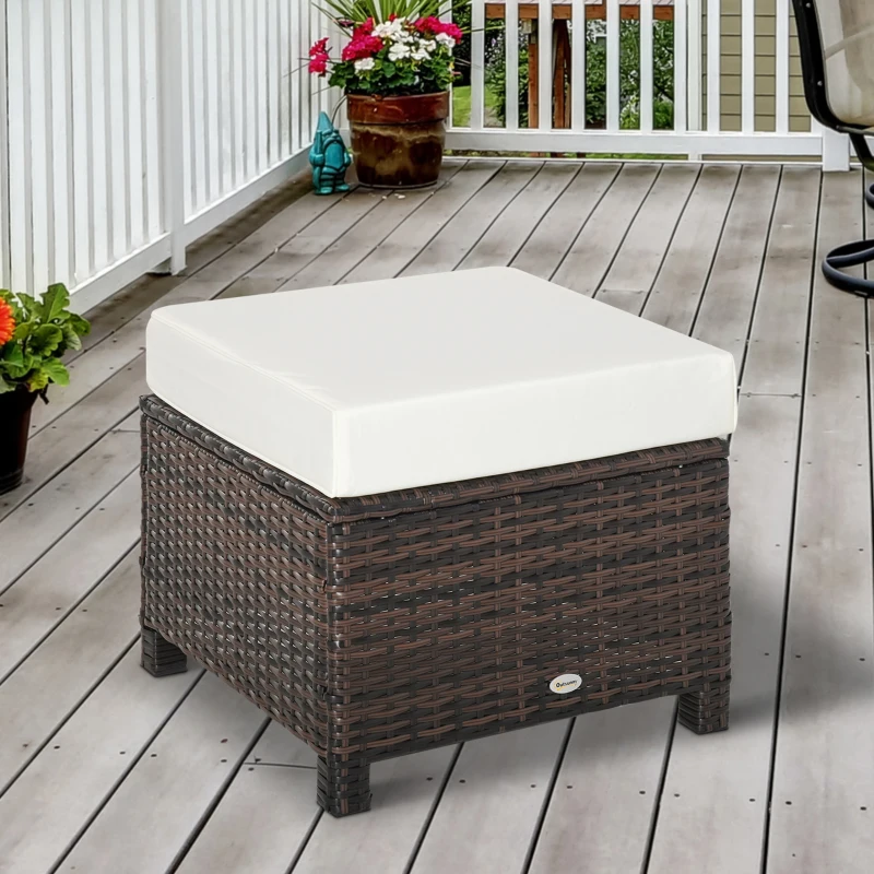 Outsunny 20" Patio Wicker Ottoman, Multipurpose Outdoor PE Rattan Footrest, Additional Seating, Side Table with Soft Cushion, Brown, White