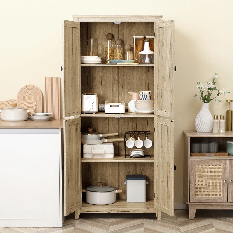 HOMCOM 72" Freestanding Kitchen Pantry Cabinet, Farmhouse Tall Storage Cabinet with 4 Door Cabinets and Adjustable Shelves for Dining Room, Natural