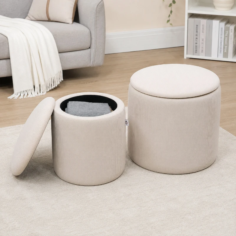 HOMCOM Corduroy Stool, Ottoman with Storage Set of 2, Removable Wood Lid, Hidden Space, Cream White