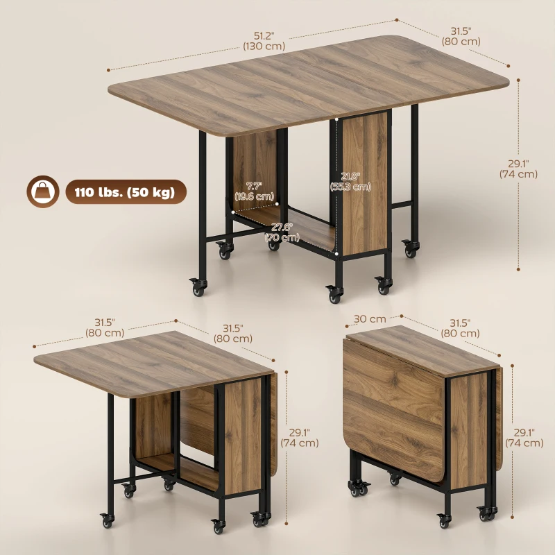 HOMCOM Folding Dining Table, Extendable Kitchen Table for Small Spaces with Storage Shelf and 6 Wheels, Brown Wood Grain