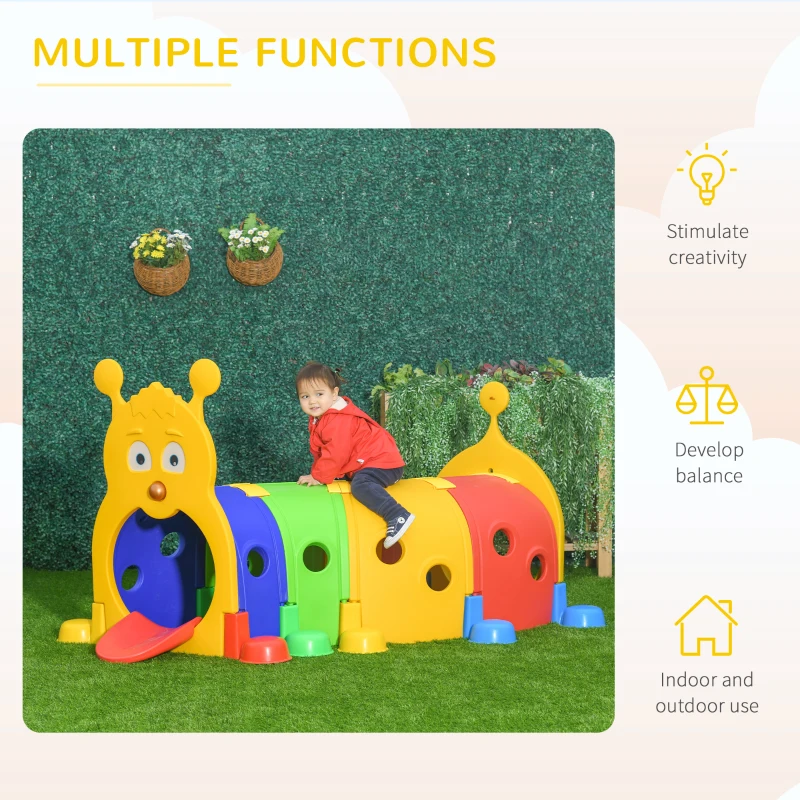 Qaba Caterpillar Play Tunnel, Toddler Tunnel for Kids Crawl and Climb Through, Kids' Play Structure Indoor Outdoor, 4 Sections, Multicolored