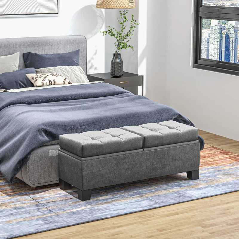 HOMCOM 46" Storage Ottoman Bench, Upholstered End of Bed Bench with Steel Frame, Button Tufted Storage Bench with Safety Hinges for Living Room, Entryway, Bedroom, Gray