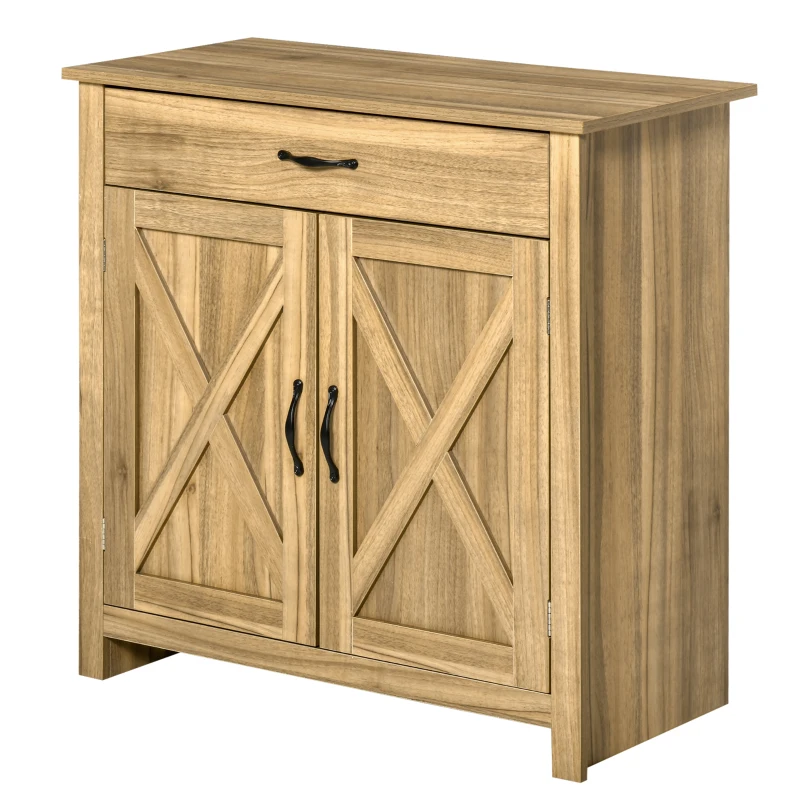 HOMCOM Farmhouse Sideboard Cabinet with Barn Doors Kitchen Buffet Cabinet with Drawer and Adjustable Shelf Stone Natural