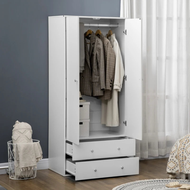HOMCOM Armoire Wardrobe Closet with 2 Drawers, 71" Tall Wardrobe Cabinet with Hanging Rod, 2 Door Bedroom Armoires, Modern Clothing Storage Cabinet for Bedroom, White
