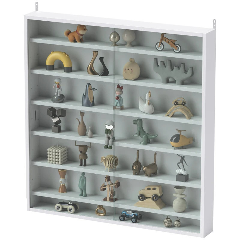 HOMCOM 7-Tier Display Cabinet, Shot Glass Display Case, Glass Curio Cabinet with 2 Glass Doors and 6 Adjustable Shelves, White