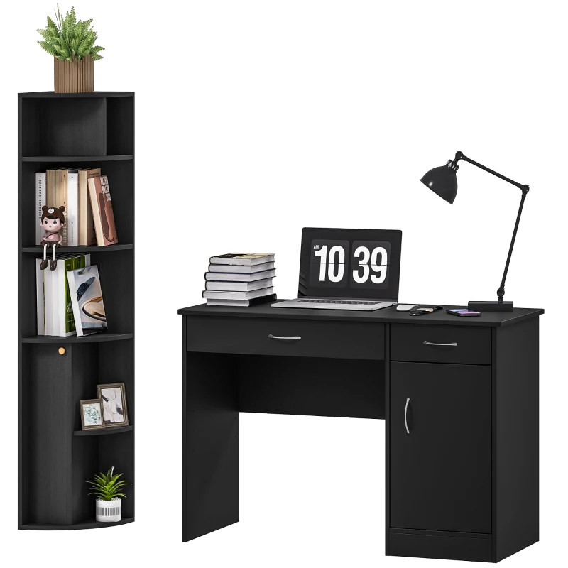 HOMCOM Computer Desk and Bookcase Set, Study Table with Adjustable Shelf, Bookshelf with Open Compartments and Cabinet, Black