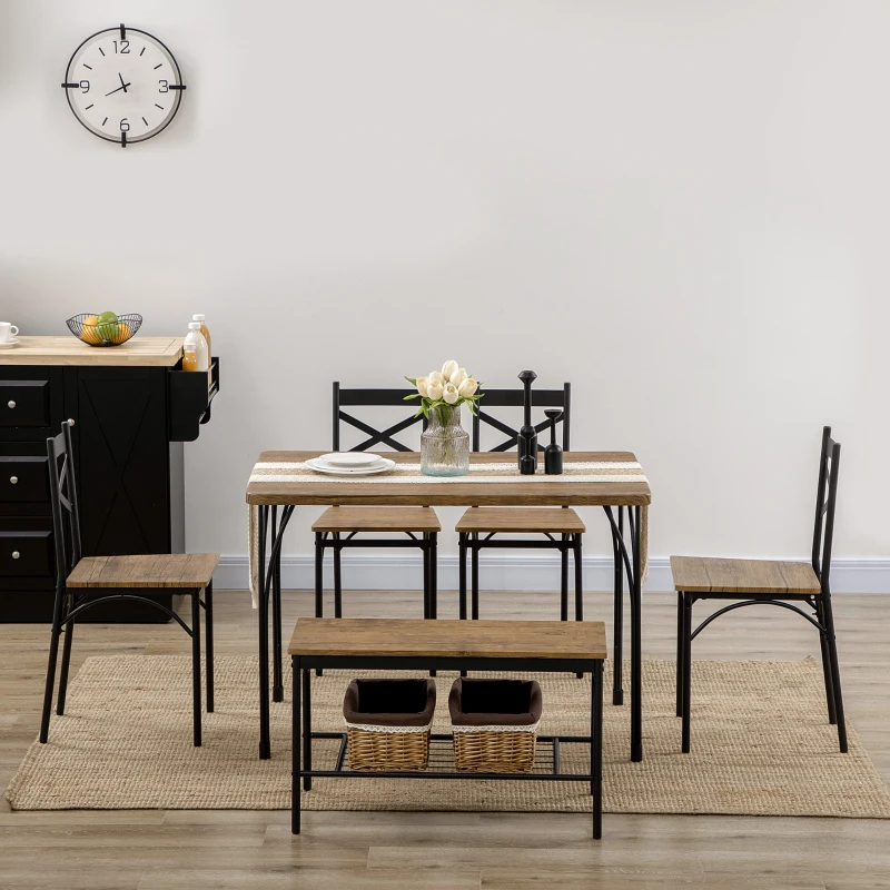 HOMCOM Industrial Dining Table Set for 6 People, 6 Piece Kitchen Table and Chairs Set, Dinner Table with Bench, Steel Frame and Storage Shelf, Dinette Set, Rustic Brown