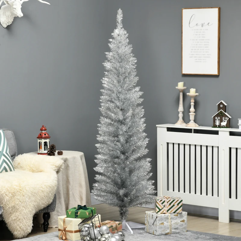 HOMCOM 6' Artificial Pencil Christmas Tree, Slim Xmas Tree with 390 Realistic Branch Tips and Plastic Stand, Silver