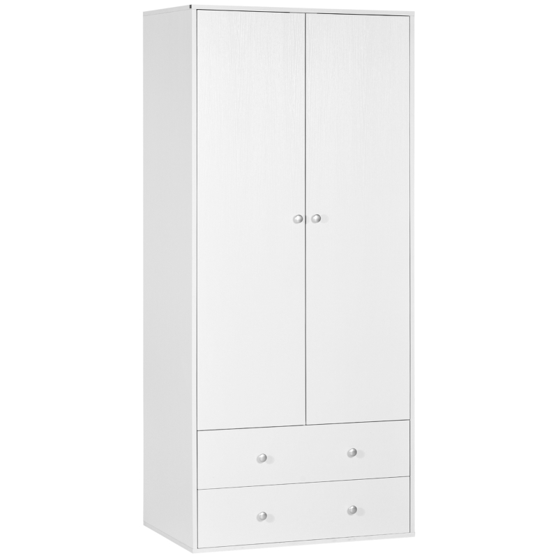 HOMCOM Armoire Wardrobe Closet with 2 Drawers, 71" Tall Wardrobe Cabinet with Hanging Rod, 2 Door Bedroom Armoires, Modern Clothing Storage Cabinet for Bedroom, White