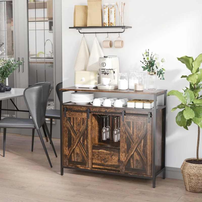HOMCOM Industrial Sideboard Buffet Cabinet with Sliding Barn Doors, Coffee Bar Cabinet with Stemware Racks, Drawer and Adjustable Shelves for Kitchen, Rustic Brown