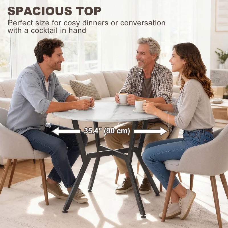 HOMCOM 35" Round Dining Table, Modern Dining Room Table with Steel Frame, Space Saving Small Kitchen Table, White Marble