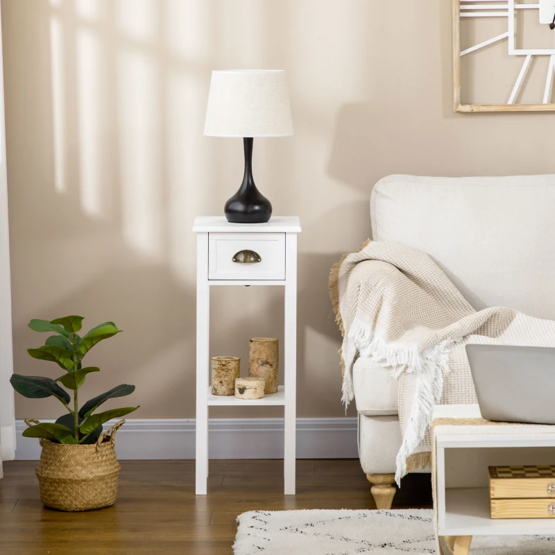HOMCOM 2-Tier Nightstand, Side Table with Drawer and Shelf for Living Room or Bedroom, Set of 2, White