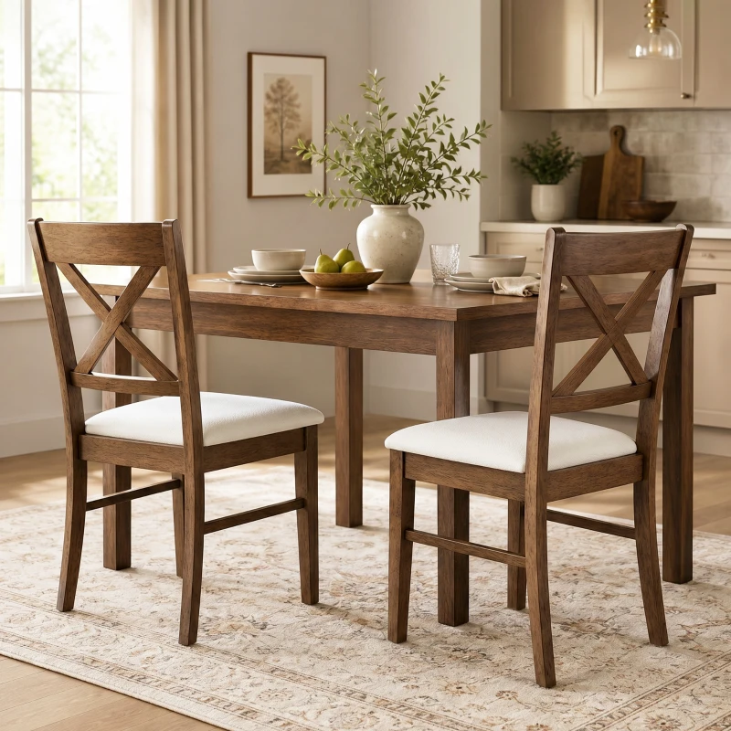 HOMCOM Dining Chairs Set of 2, Upholstered Kitchen Chairs with Rubberwood Frame, Padded Seat and X-Back, Walnut