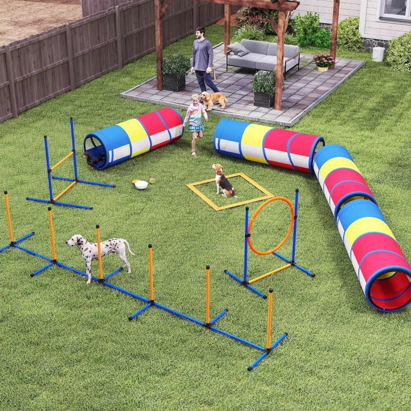 PawHut Dog Agility Training Equipment, 12-Piece Dog Obstacle Course with Adjustable Hurdle & Ring, 4 Tunnels, Weave Poles