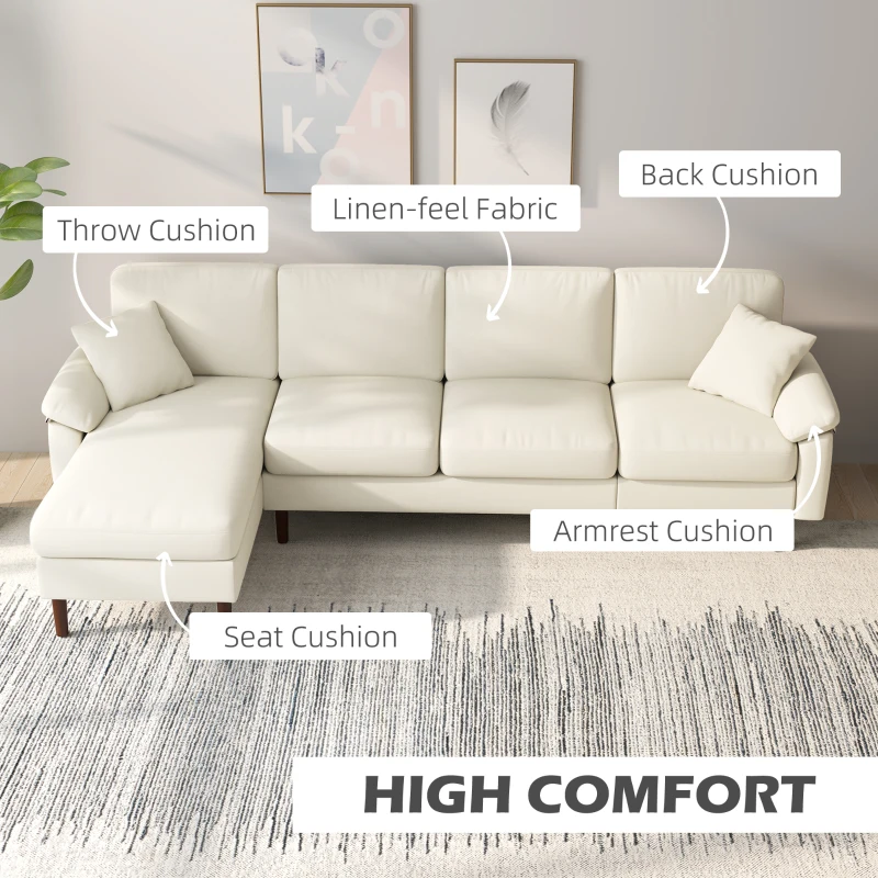 HOMCOM L-Shape Sofa, Modern Sectional Couch with Changeable Chaise Lounge, Pillows and Wooden Legs for Living Room, Cream White