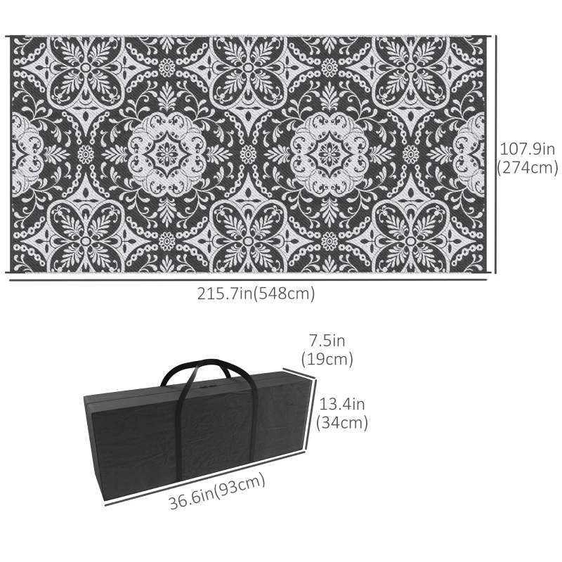 Outsunny Portable Outdoor Rug with Carry Bag, 9' x 18' Reversible Mat, Waterproof Plastic Straw RV Rug for Backyard, Deck, Picnic, Beach, Camping, Gray & White Flower