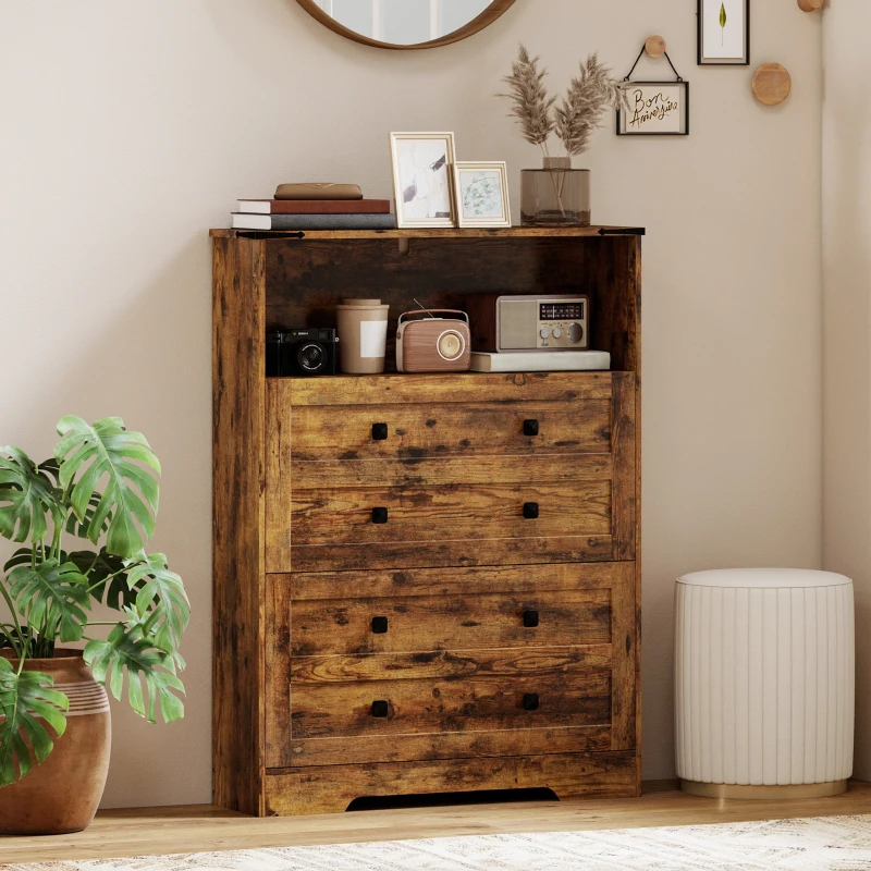 HOMCOM Shoe Cabinet with 2 Flip Drawers, Narrow Shoe Storage Cabinet, Rustic Brown