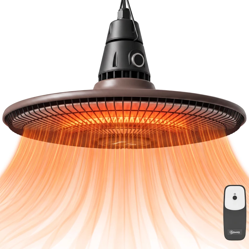 Outsunny 1500W Electric Patio Heater, IP65 Hanging Infrared Carbon Fiber Tube Outdoor Heater with Remote Control, Brown