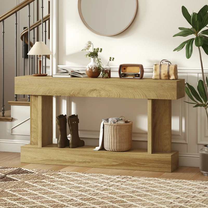 HOMCOM 63 Inch Long Console Table, Vintage Narrow Entryway Table with Storage Shelf for Living Room and Hallway, Oak