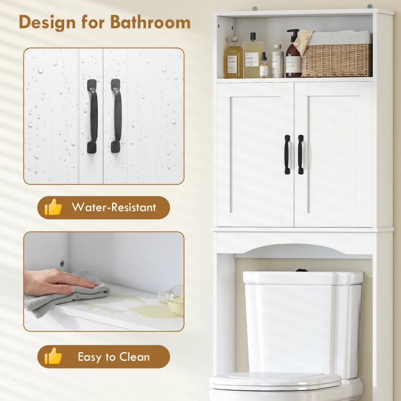 HOMCOM Over The Toilet Storage Shelf Freestanding Bathroom Organizer with 2 Doors and Open Shelf White