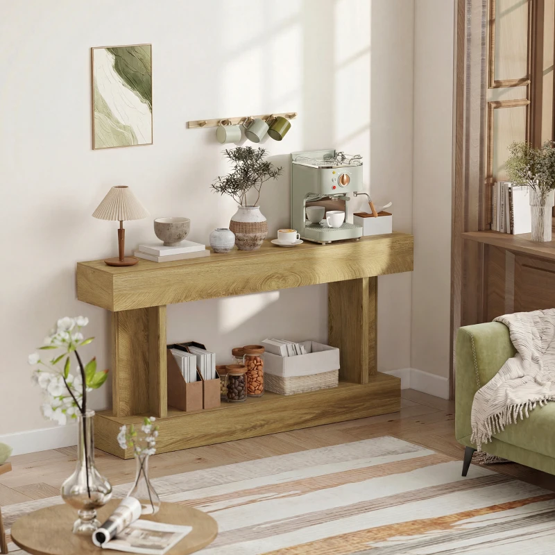 HOMCOM 63 Inch Long Console Table, Vintage Narrow Entryway Table with Storage Shelf for Living Room and Hallway, Oak