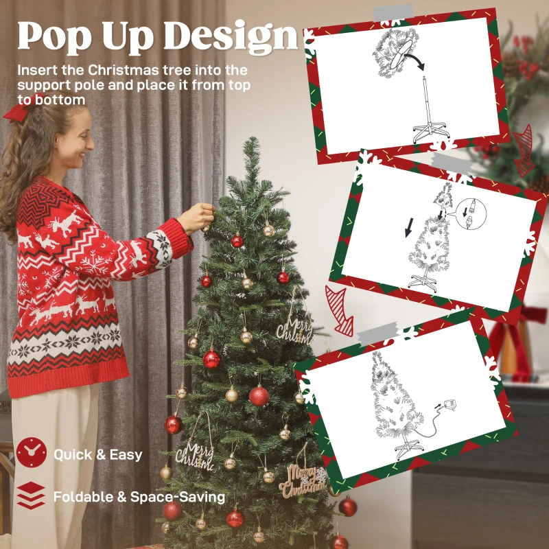 HOMCOM 5 ft Prelit Pop Up Christmas Tree, Collapsible Artificial Xmas Tree with Metal Stand for Holiday Decor, Green