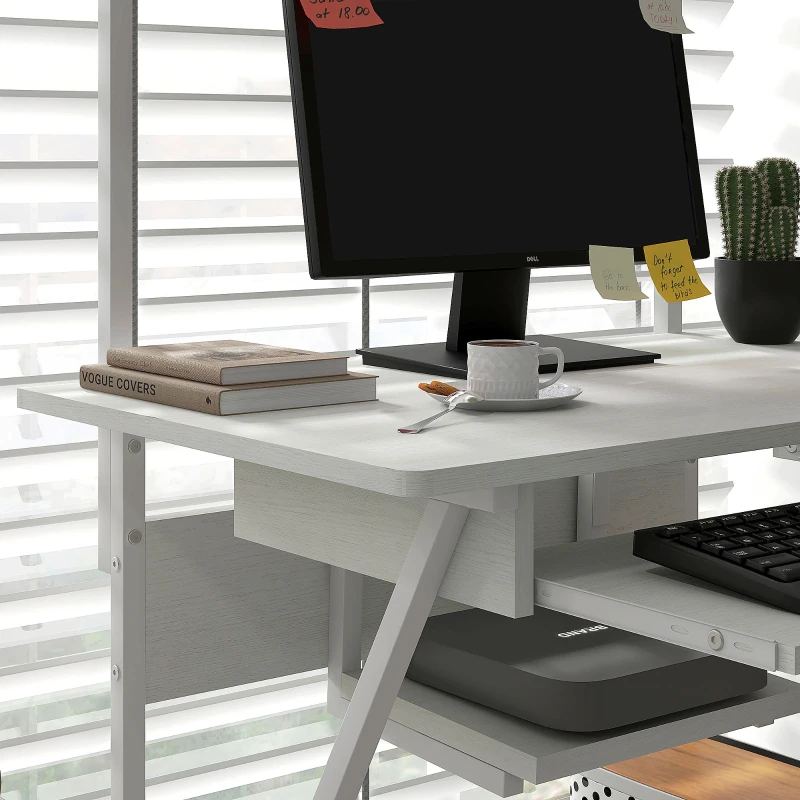 HOMCOM 32" Mobile Computer Table, Rolling Study Desk for Home Office with Keyboard Tray, Storage Shelves, Wheels, White