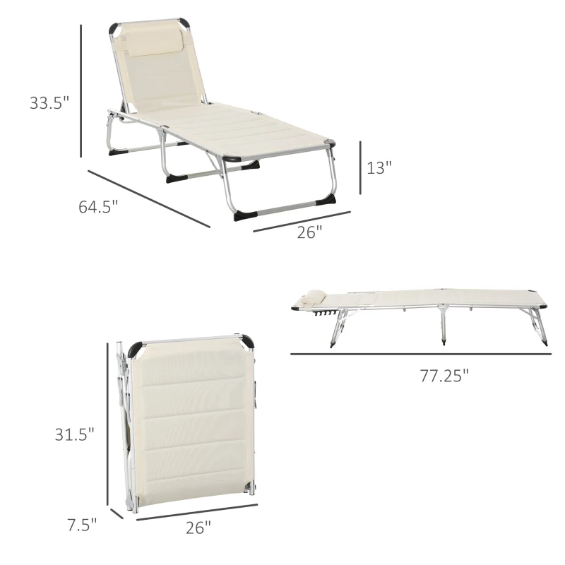 Outsunny Folding Lounge Chair Outdoor 5-Level Reclining Chaise Lounge Chair Outdoor Camping Tanning Chair with Aluminum Frame, Padding, and Headrest for Beach, Yard, Patio, Pool, White