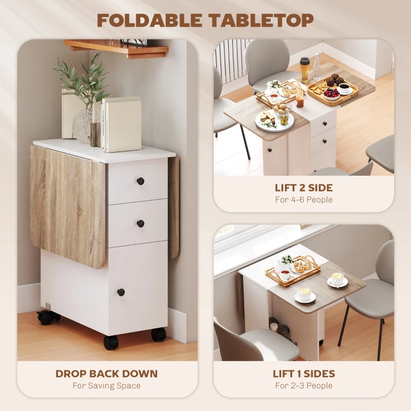 HOMCOM Drop Leaf Dining Table, Mobile Folding Table on Wheels with Drawers and Cabinet for Dining Room, Kitchen, White and Oak