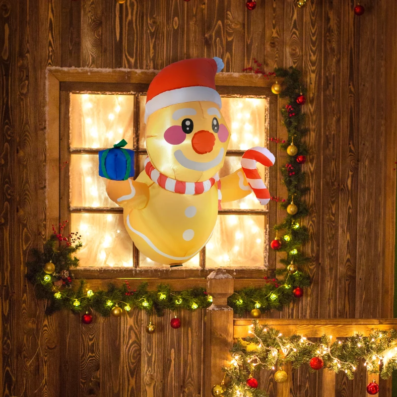 Outsunny 3.4' Inflatable Hanging Gingerbread Man Holding Gift Box & Candy Cane w/ LED Lights, Blow-Up Outdoor Display for Party