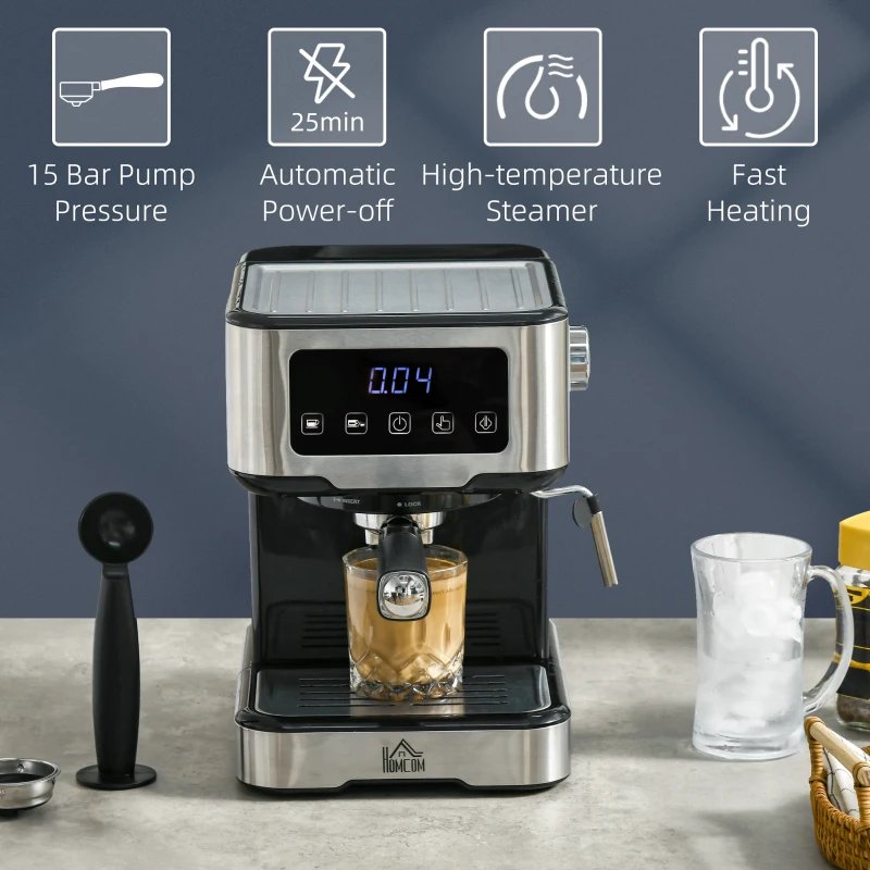 HOMCOM Espresso Machine with Milk Frother Wand, 15-Bar Pump Coffee Maker with 1.5L Removable Water Tank for Espresso, Latte and Cappuccino