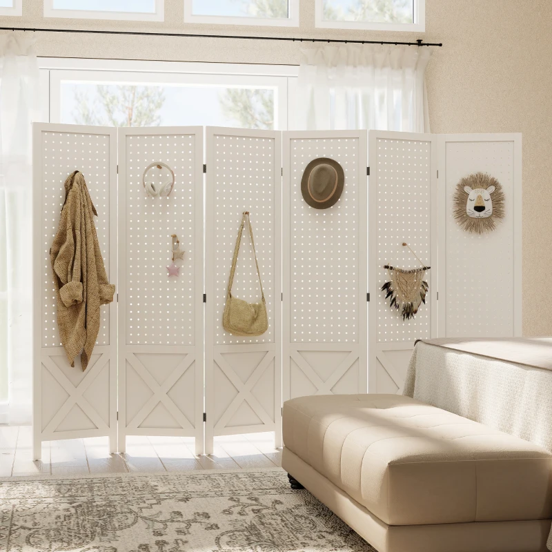 HOMCOM 56.9" 6 Panel Wooden Room Divider with Pegboard Display, Folding Privacy Screen for Home Office, White
