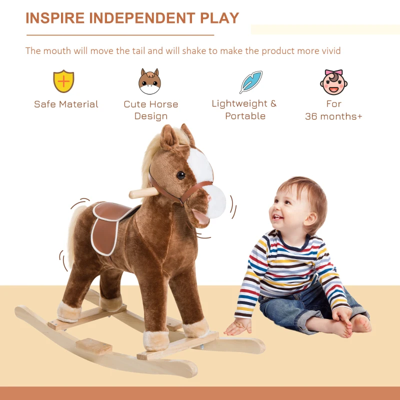 Qaba Kids Ride on Rocking Horse Toddler Plush Toy with Realistic Sounds for 3-6 Years Old Children - Brown