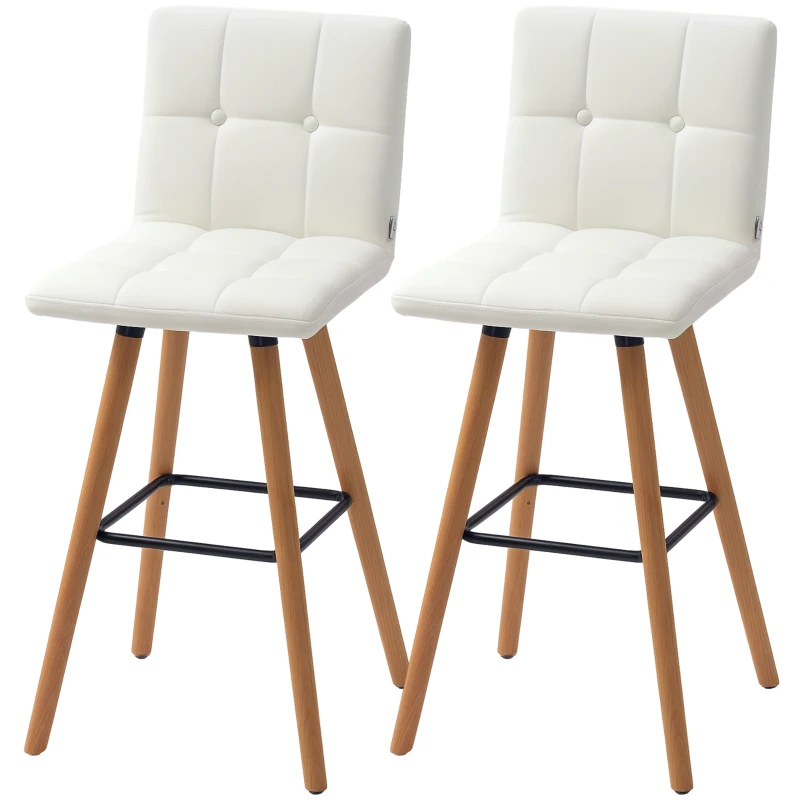 HOMCOM Modern Bar Stools Set of 2, 38" Upholstered Kitchen Island Stool with Solid Wood Legs, White