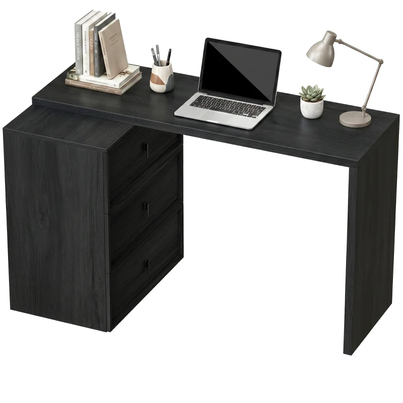 HOMCOM L Shaped Computer Desk Home Office Desk with 3 Drawers Black Wood Grain