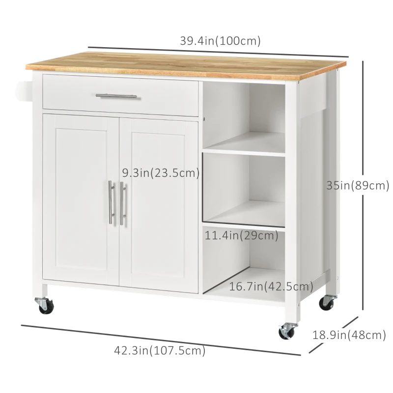 HOMCOM Wooden Rolling Kitchen Island on 360° Swivel Wheels Dining Cart with Drawer, Towel Rack for Kitchen, White
