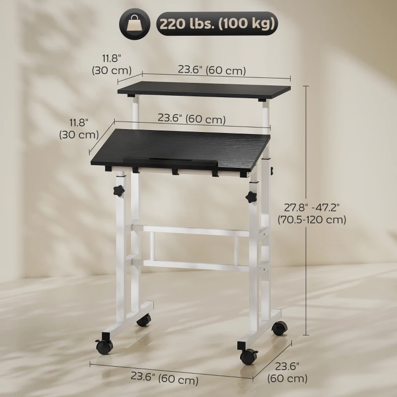 HOMCOM Stand Up Desk, Height & Angle Adjustable Computer Desk with Wheels for Standing or Sitting, Laptop Table, Black