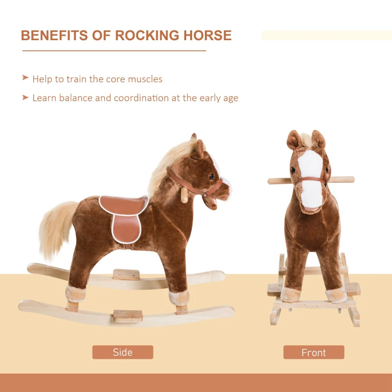Qaba Kids Ride on Rocking Horse Toddler Plush Toy with Realistic Sounds for 3-6 Years Old Children - Brown