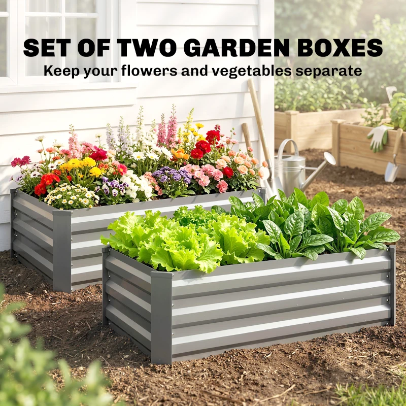 Outsunny Set of 2 Galvanized Raised Beds for Garden, Outdoor Planter Box for Flowers, Herbs and Vegetables, Light Grey