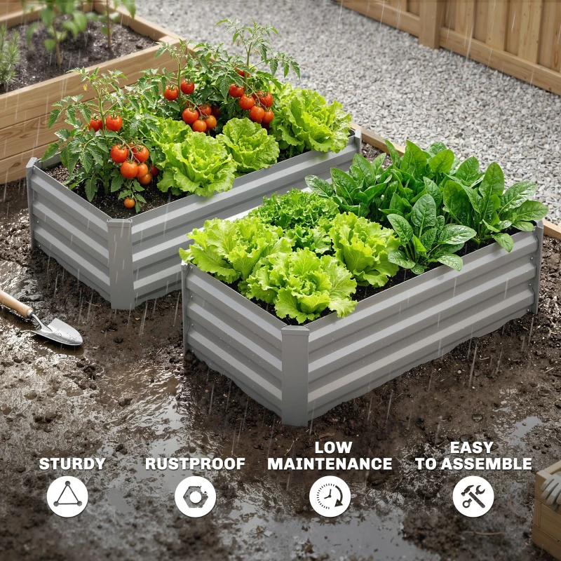Outsunny Set of 2 Galvanized Raised Beds for Garden, Outdoor Planter Box for Flowers, Herbs and Vegetables, Light Grey