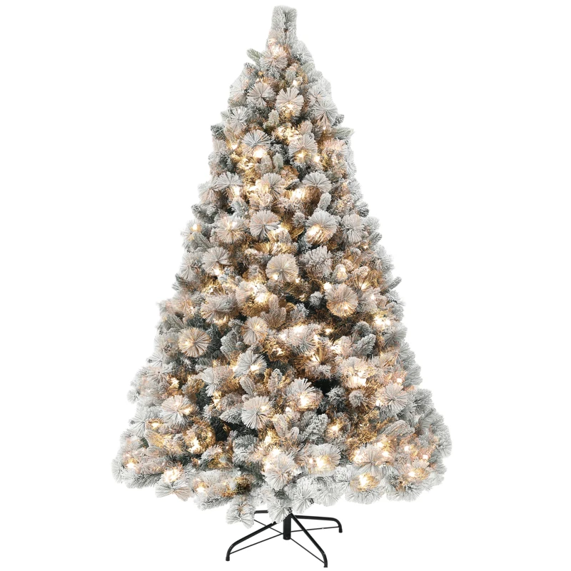 HOMCOM 6.5 ft Prelit Flocked Artificial Christmas Tree with 350 Clear Lights, 1107 Tips, Metal Stand for Home Office Holiday