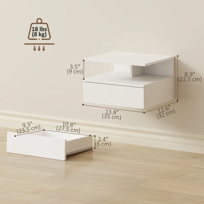 HOMCOM Floating Nightstand Set of 2, Wall Mounted Bedside Table with Drawer and Shelf, Small Night Stand for Bedroom, White