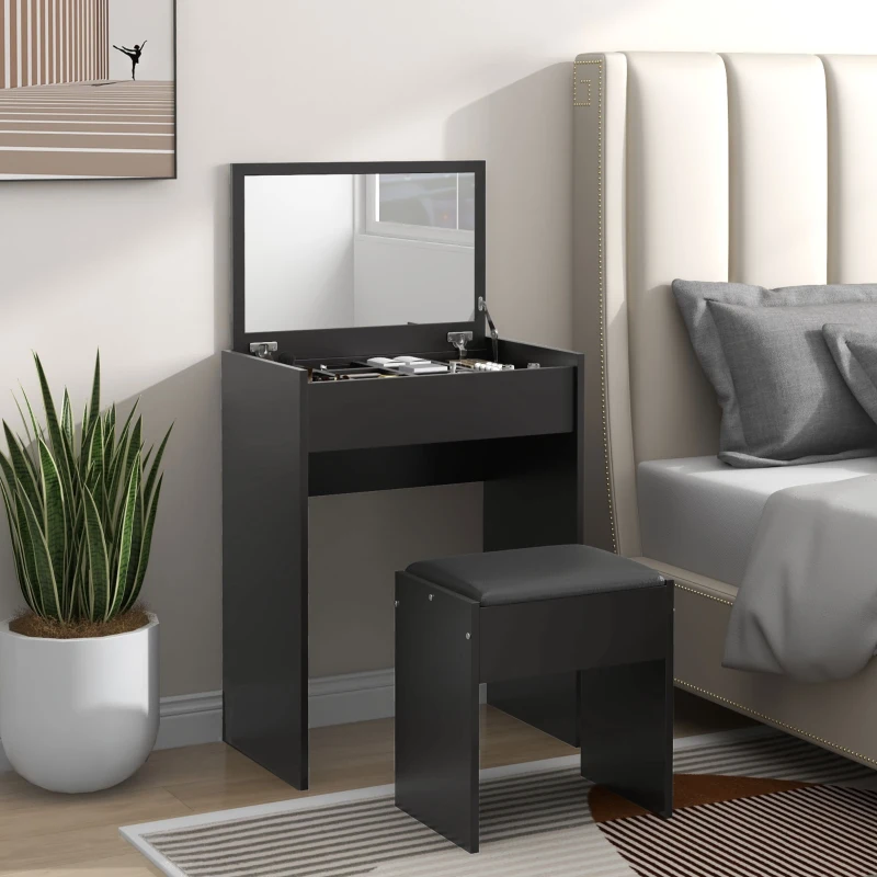 HOMCOM Modern Vanity Set with Makeup Table and Cushioned Stool, Dressing Table with Flip Top and Mirror for Bedroom, Black