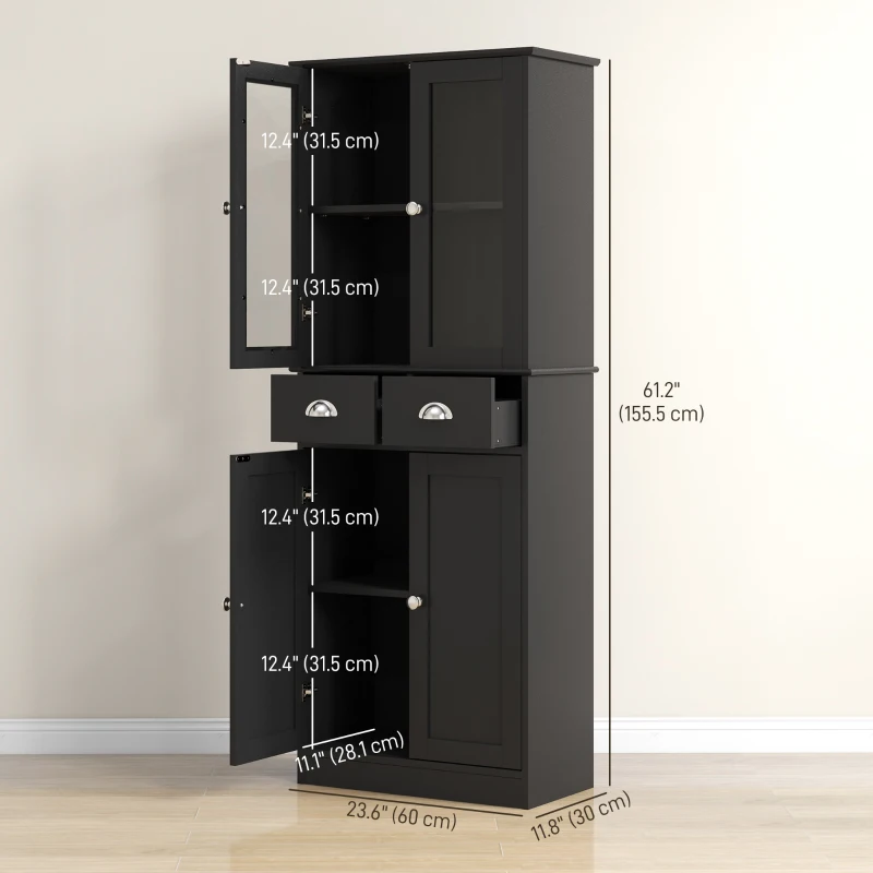 HOMCOM 61" Kitchen Pantry Cabinet, Freestanding Farmhouse Buffet Storage Cabinet with Soft Close Glass Doors and Adjustable Shelves, Black