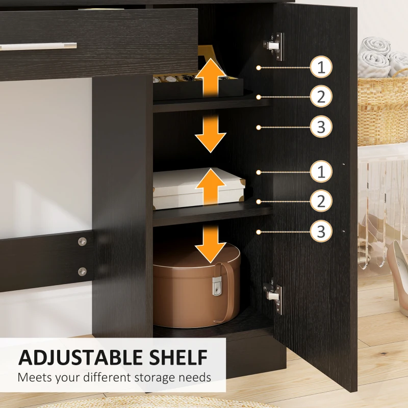 HOMCOM Vanity Desk with Mirror, Makeup Vanity w/ Drawer, Open Compartment and Shelves, Cabinet, Adjustable Shelves for Bedroom