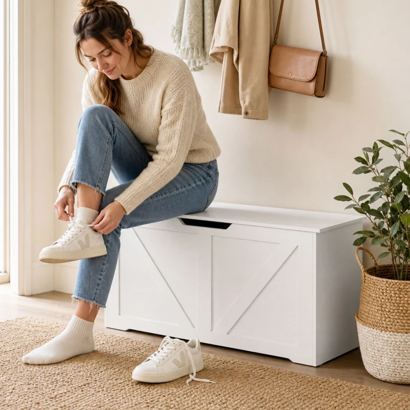 HOMCOM 39.4 Inches Storage Chest, Storage Trunk with 2 Safety Hinges for Living Room, White Wood Grain